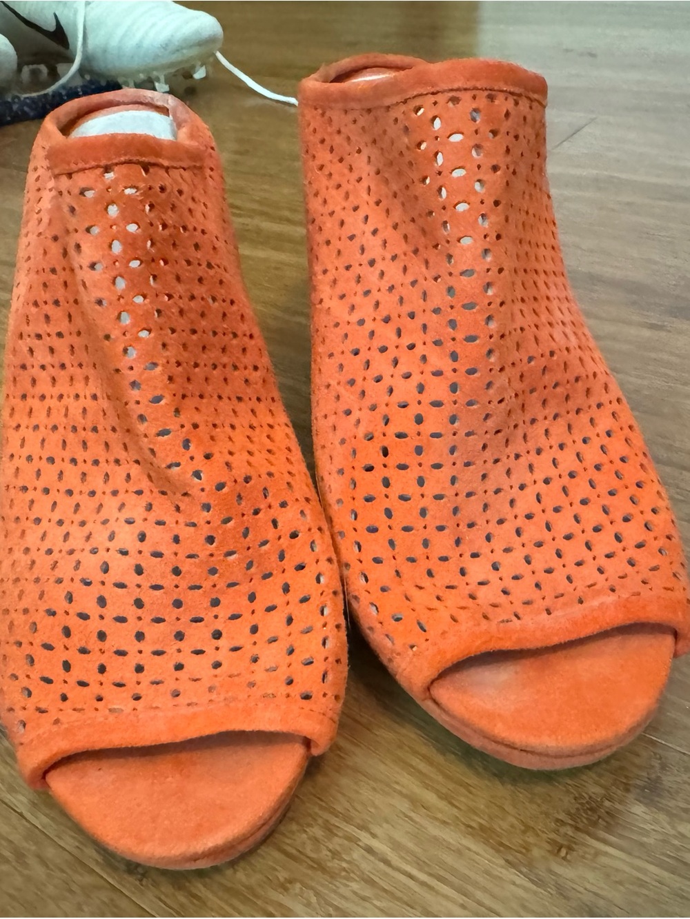 Johnston & Murphy Orange Suede Perforated Peep-Toe Mules with cork wedge heels